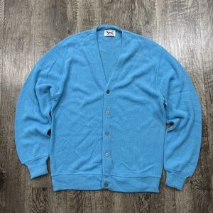Vtg JcPenney The Fox Orlon Acrylic Grandpa Cardigan Sweater Baby Blue 70s 80s
